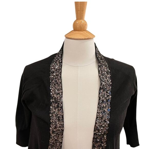 Express Cotton Black Short Sleeve Open Cardigan Sweater, Sequin Trim, Size M - Picture 2 of 11